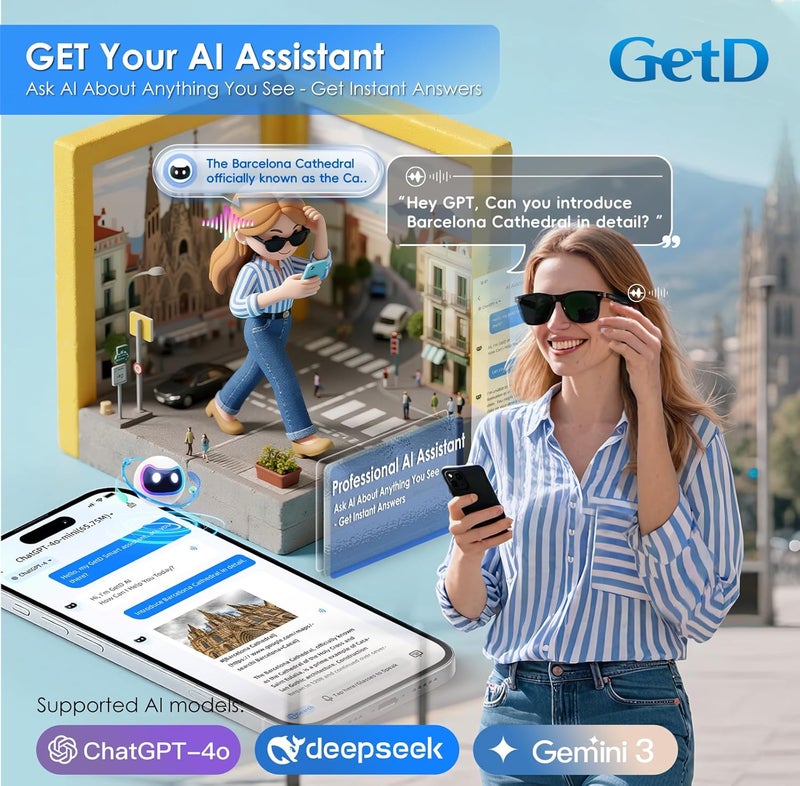 GetD نظارات بلوتوث للرجال/النساء، مترجم ذكي، عمر بطارية 11 ساعة، عدسات مستقطبة، حماية من الأشعة فوق البنفسجية، تحكم صوتي، ميكروفون ومكبرات صوت مدمجة، نظارات ذكية للألعاب والاجتماعات والسفر - Image 4